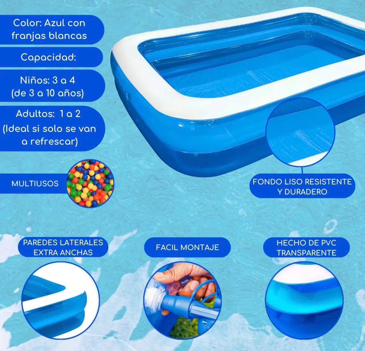 Piscina Inflable Rectangular Familiar 262x175x51 Cm Azul Y Blanco Resistente Guiza - Imagen 2